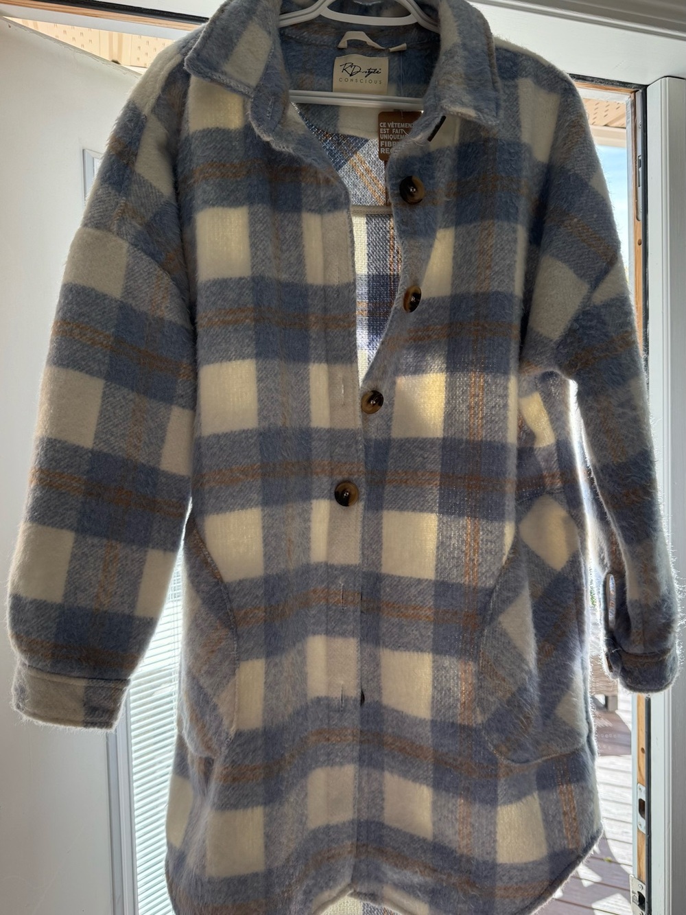 RD Style Blue Cream Plaid Button-Up Shacket